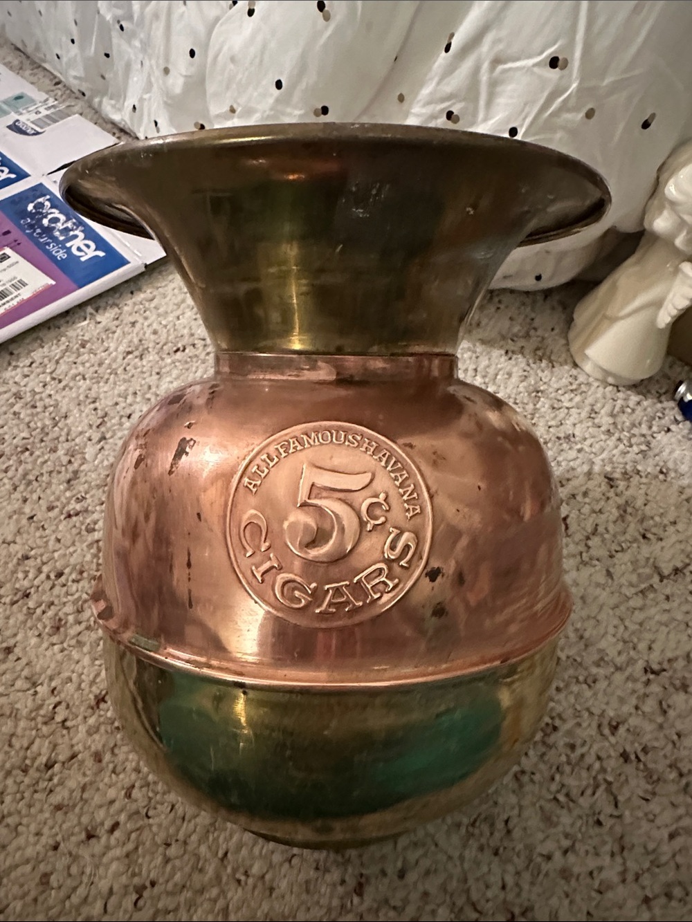 vintage brass and copper advertising spittoon (cuspidor)